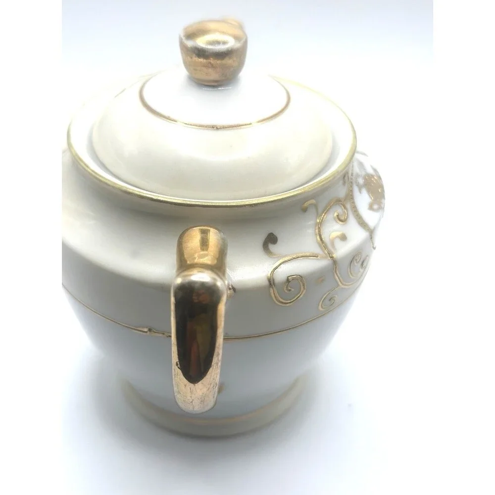 Vintage HANO Painted Japan Covered Sugar Bowl Gold Scroll Handles